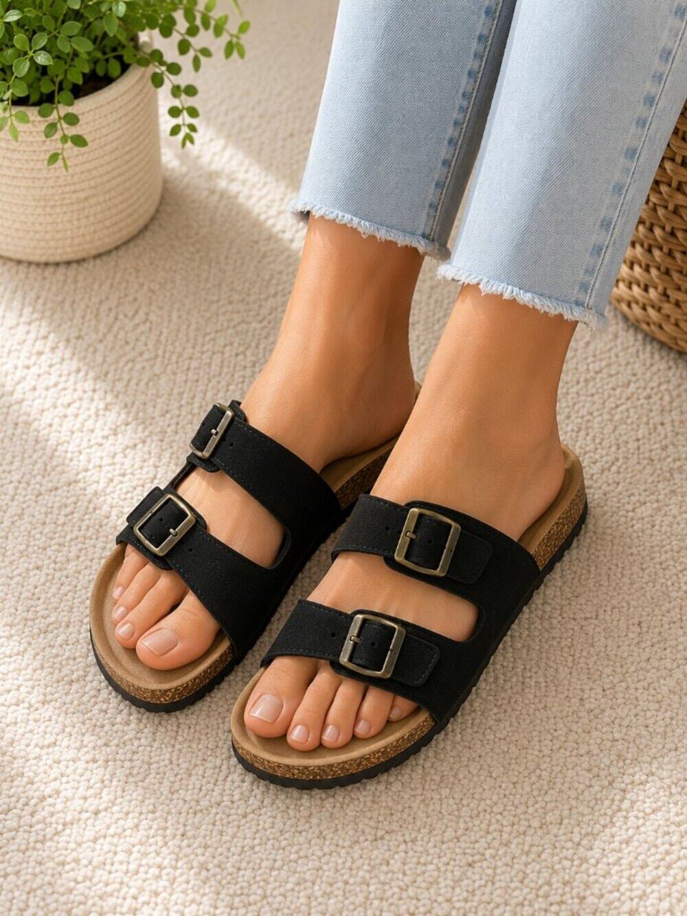 Black Double Buckle Sandals Women’s Size 6 6.5 EU 37 Comfort Slides